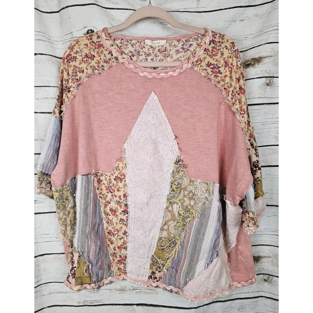 Oli & Hali Patchwork Knit Top M Pink Floral Boxy Boho Cottagecore 100% Cotton